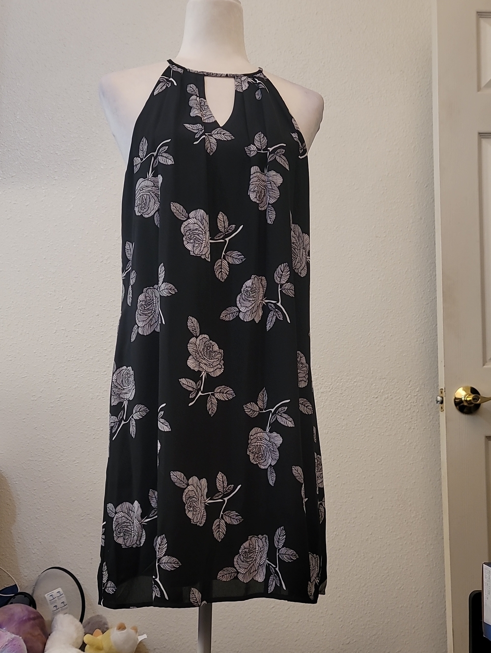 Candie's Black Halter Mini Dress with Light Pink Rose Print